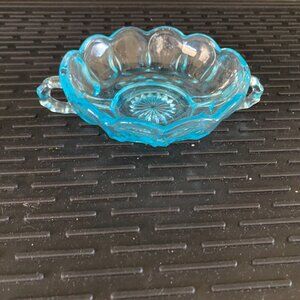 Vintage Anchor Hocking Fairfield Blue Double Handle Glass Bowl Candy Nut Trinket